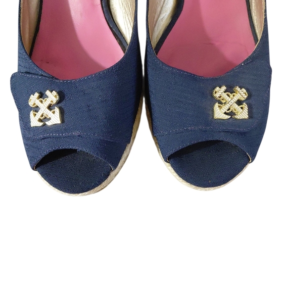 Lilly Pulitzer Blue Canvas Espadrille Wedge Peep Toe Nautical Shoes Size 9 - Picture 3 of 11